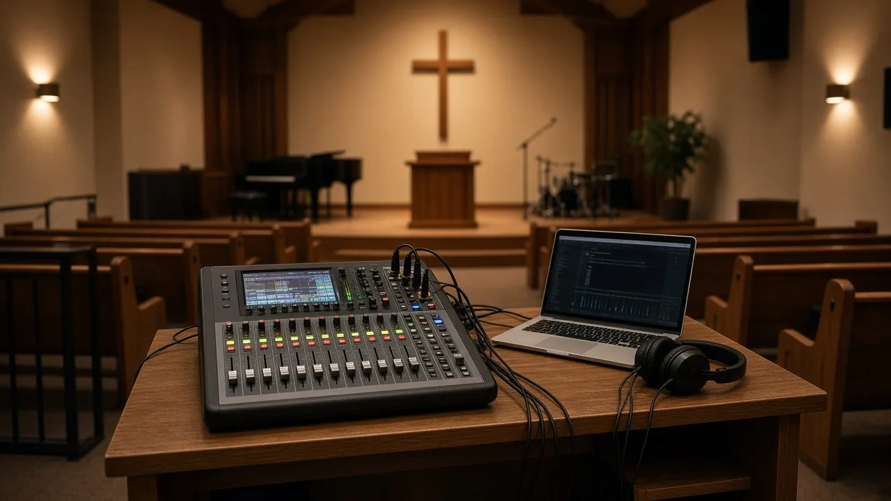 A small church sound booth at the back of the sanctuary with a compact digital mixer, laptop and headphones